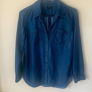 TALBOTS PETITE M RICH DARK BLUE DENIM LYOCELL BUTTON DOWN SHEEN SHIRT